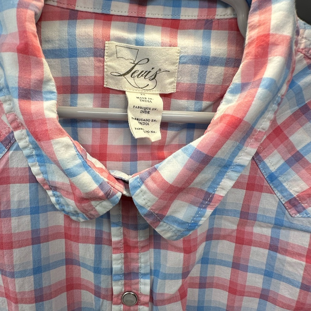 Levi's Women’s Red and Light Blue Plaid Snap Button Shirt Size Medium